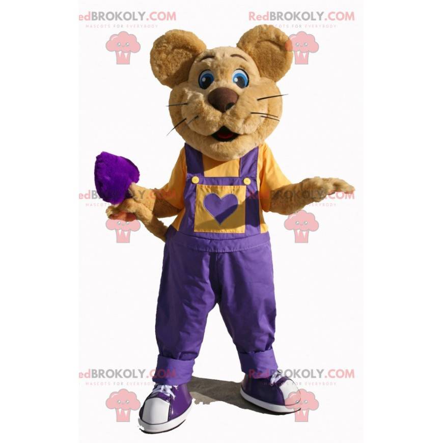 Mascotte de souris marron avec une salopette violette -