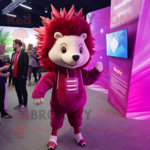 Magenta Hedgehog mascot costume character dressed with a Bodysuit and Hairpins