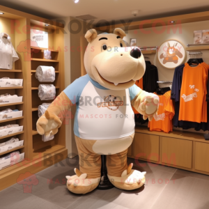 Tan Hippopotamus mascot costume character dressed with a Running Shorts and Keychains