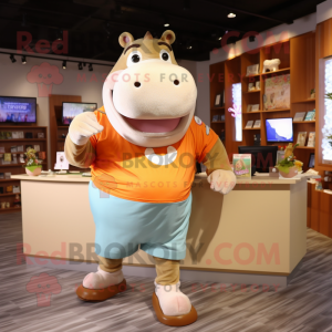 Tan Hippopotamus mascot costume character dressed with a Running Shorts and Keychains