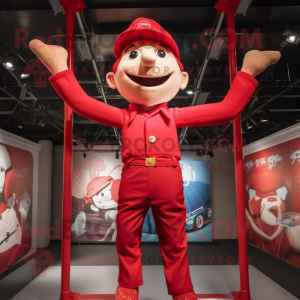 Red Trapeze Artist mascot costume character dressed with a Henley Tee and Berets