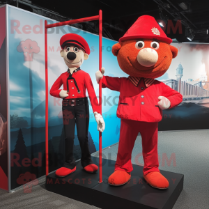 Red Trapeze Artist mascot costume character dressed with a Henley Tee and Berets