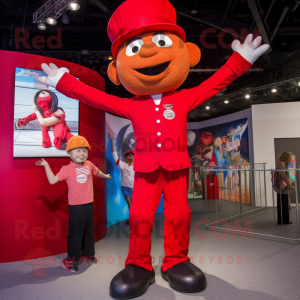 Red Trapeze Artist mascot costume character dressed with a Henley Tee and Berets