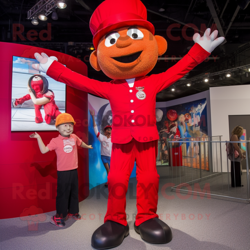 Red Trapeze Artist mascot costume character dressed with a Henley Tee and Berets Red Trapeze Artist mascot costume character dressed with a Henley Tee and Berets