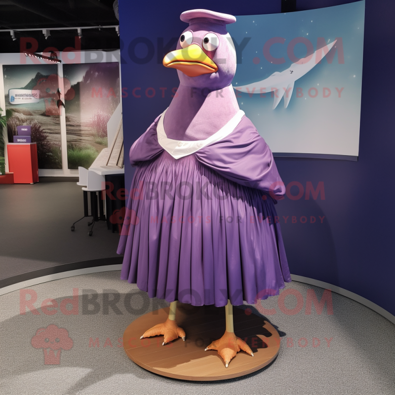 Purple Gull mascot costume character dressed with a Pleated Skirt and Cufflinks Purple Gull mascot costume character dressed with a Pleated Skirt and Cufflinks