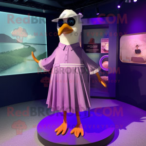 Purple Gull mascot costume character dressed with a Pleated Skirt and Cufflinks