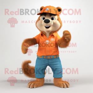 Orange Marmot mascot costume character dressed with a Bootcut Jeans and Cummerbunds