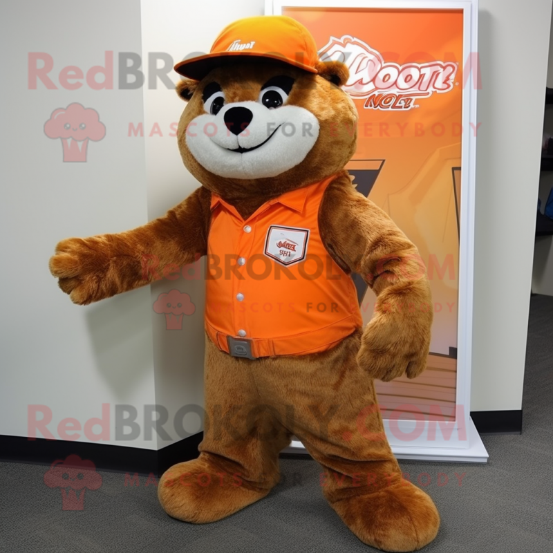 Orange Marmot mascot costume character dressed with a Bootcut Jeans and Cummerbunds