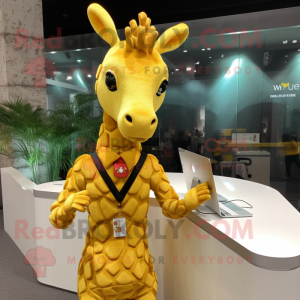 Gold Giraffe mascot costume character dressed with a Tank Top and Messenger bags
