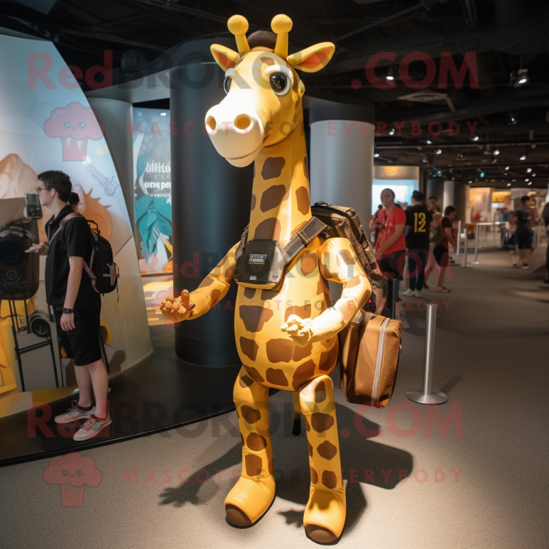 Gold Giraffe mascot costume character dressed with a Tank Top and Messenger bags