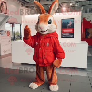 Red Wild Rabbit mascot costume character dressed with a Windbreaker and Lapel pins