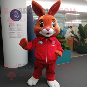 Red Wild Rabbit mascot costume character dressed with a Windbreaker and Lapel pins