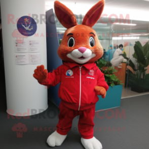 Red Wild Rabbit mascot costume character dressed with a Windbreaker and Lapel pins