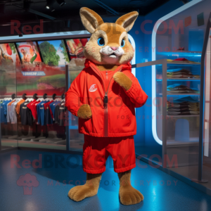 Red Wild Rabbit mascot costume character dressed with a Windbreaker and Lapel pins