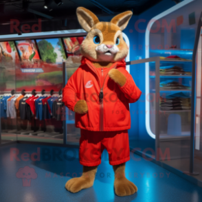 Red Wild Rabbit mascot costume character dressed with a Windbreaker and Lapel pins