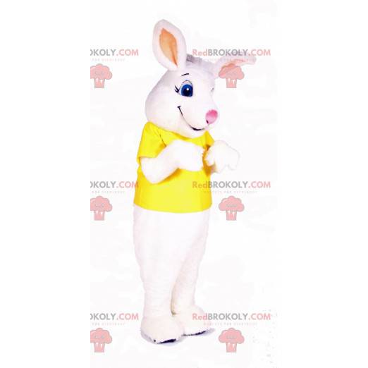 Hvid kanin maskot klædt i en gul t-shirt - Redbrokoly.com