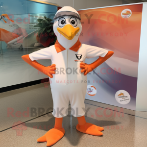 Peach Gull mascot costume character dressed with a Jumpsuit and Tie pins