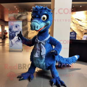 Blue Utahraptor mascot costume character dressed with a Mini Dress and Shawl pins
