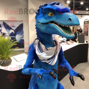 Blue Utahraptor mascot costume character dressed with a Mini Dress and Shawl pins