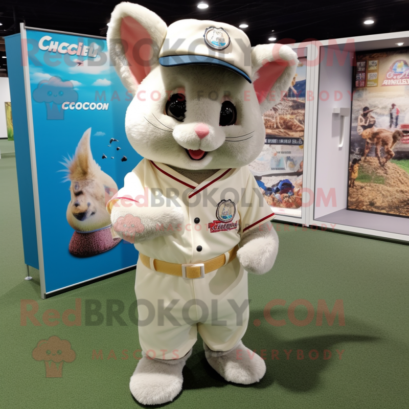 Cream Chinchilla mascot costume character dressed with a Polo Tee and Brooches