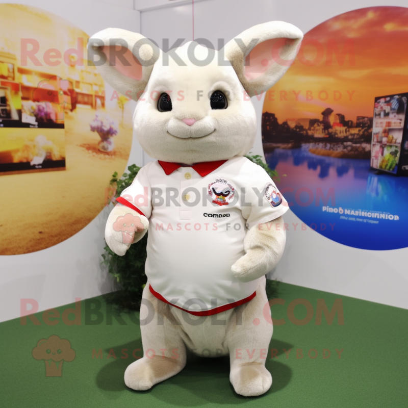 Cream Chinchilla mascot costume character dressed with a Polo Tee and Brooches