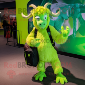 Lime Green Angora Goat mascot costume character dressed with a Bodysuit and Backpacks