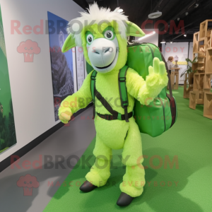 Lime Green Angora Goat mascot costume character dressed with a Bodysuit and Backpacks