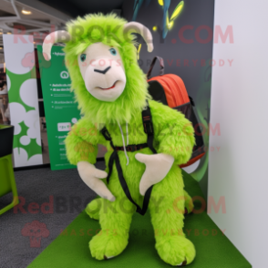 Lime Green Angora Goat mascot costume character dressed with a Bodysuit and Backpacks