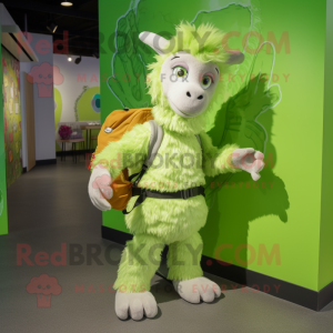 Lime Green Angora Goat mascot costume character dressed with a Bodysuit and Backpacks