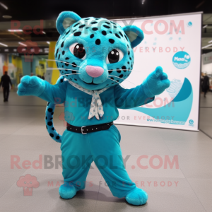 Cyan Jaguar mascot costume character dressed with a Culottes and Headbands