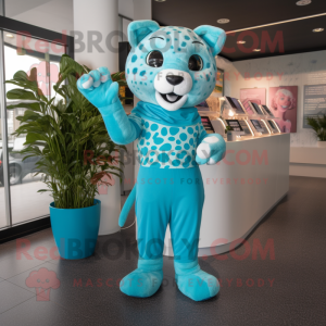 Cyan Jaguar mascot costume character dressed with a Culottes and Headbands
