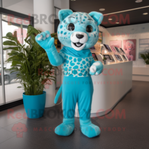 Cyan Jaguar mascot costume character dressed with a Culottes and Headbands