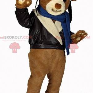 Mascota del oso de peluche marrón en traje de motorista -
