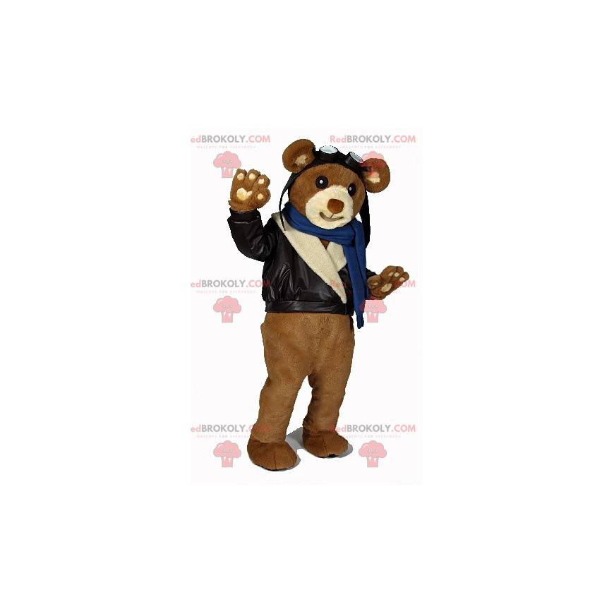 Mascota del oso de peluche marrón en traje de motorista -