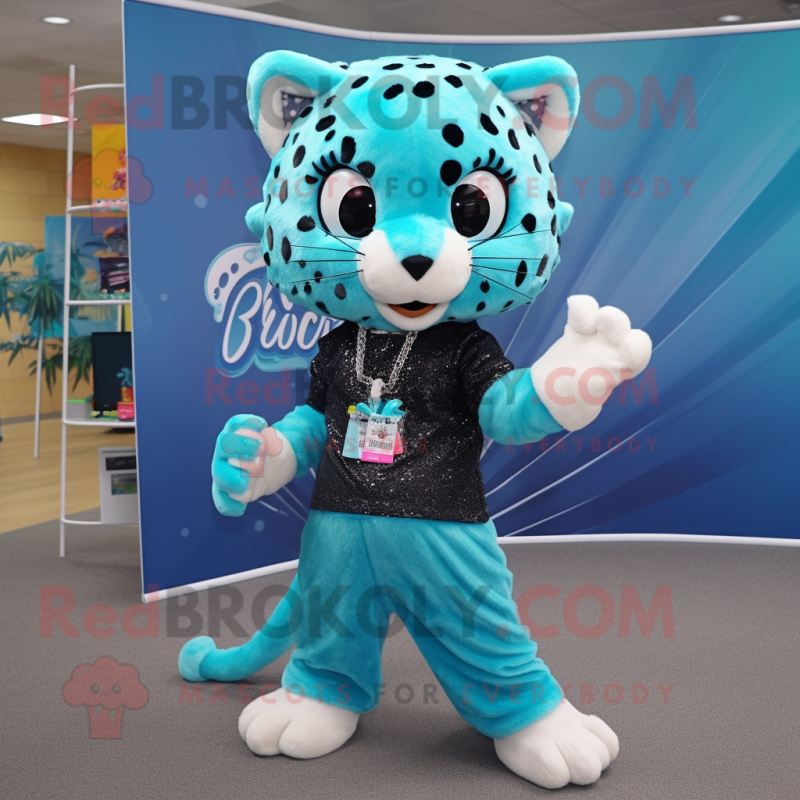 Cyan Jaguar mascot costume character dressed with a Culottes and Headbands Cyan Jaguar mascot costume character dressed with a Culottes and Headbands