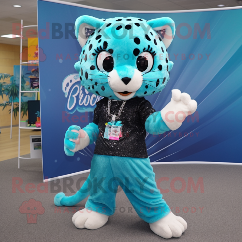 Cyan Jaguar mascot costume character dressed with a Culottes and Headbands