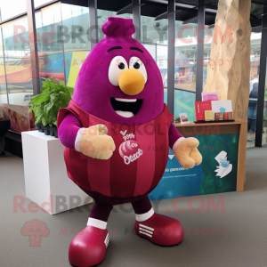 Magenta Potato mascot costume character dressed with a Rugby Shirt and Bow ties