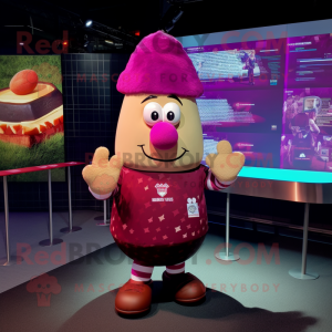 Magenta Potato mascot costume character dressed with a Rugby Shirt and Bow ties