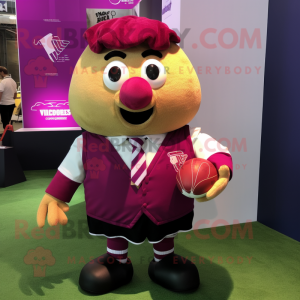 Magenta Potato mascot costume character dressed with a Rugby Shirt and Bow ties