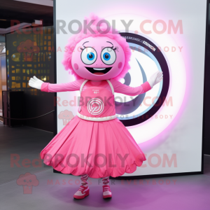 Pink Momentum mascot costume character dressed with a Circle Skirt and Bracelets