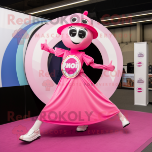Pink Momentum mascot costume character dressed with a Circle Skirt and Bracelets