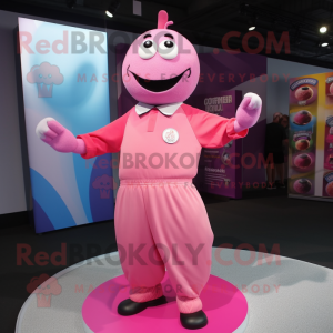 Pink Juggle mascot costume character dressed with a T-Shirt and Cufflinks