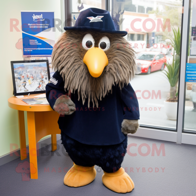 Navy Kiwi mascot costume character dressed with a Trousers and Hair clips Navy Kiwi mascot costume character dressed with a Trousers and Hair clips