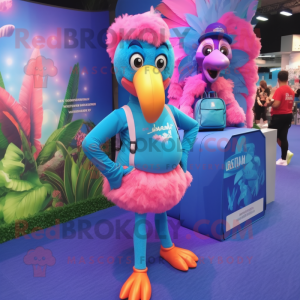 Blue Flamingo mascot costume character dressed with a Bikini and Backpacks