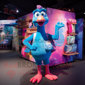 Blue Flamingo mascot costume character dressed with a Bikini and Backpacks