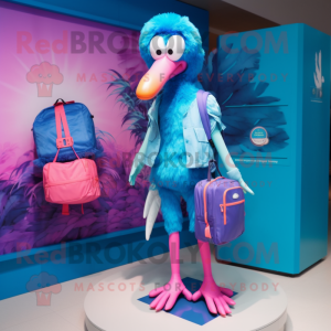 Blue Flamingo mascot costume character dressed with a Bikini and Backpacks