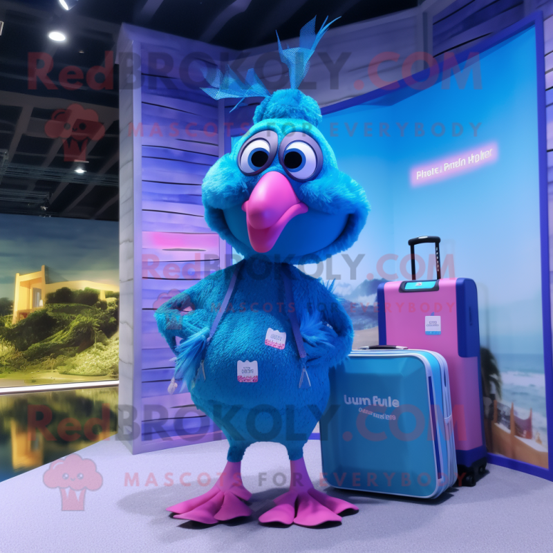 Blue Flamingo mascot costume character dressed with a Bikini and Backpacks