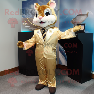 Gold Flying Squirrel mascot costume character dressed with a Suit Pants and Tie pins