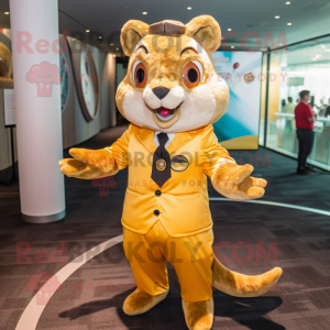 Gold Flying Squirrel mascot costume character dressed with a Suit Pants and Tie pins