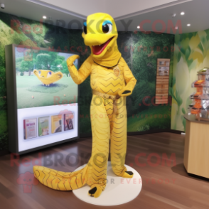 Yellow Anaconda mascot costume character dressed with a Sheath Dress and Scarf clips